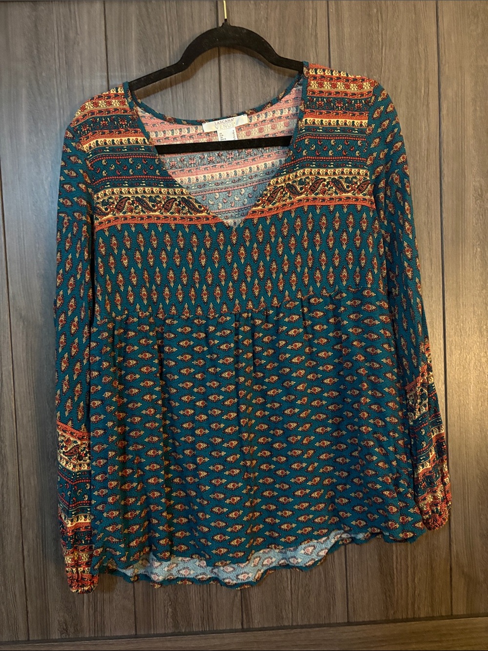 LASCANA VENUS Teal Printed V-Neck Women's Top - Boho Long Sleeve